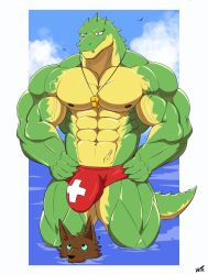 1boy 2022 abs anatake anthro anubian_jackal barazoku biceps big_bulge big_muscles blush border brother brothers bulge canid canine canis clothing cloud crocodile crocodilian crocodylid day duo fur hands_on_hips hi_res huge_bulge huge_muscles jackal league_of_legends lifeguard looking_at_bulge male male_only mammal muscular muscular_anthro muscular_male nasus navel nipples non-mammal_nipples obliques outside partially_submerged pecs pool_party_renekton pool_party_series quads question_mark renekton reptile riot_games scales scalie sibling sky solo speedo standing swimwear tuft vein video_games water whistle white_border