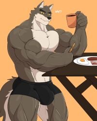 2022 anatake anthro bacon barazoku beverage biceps big_bulge big_muscles bulge canid canine canis cellphone clothing coffee coffee_mug container cup dialogue dreamworks egg english_text eyebrows food fur furniture hi_res holding_cup holding_object holding_phone huge_bulge huge_muscles male male_only mammal meat mr._wolf_(the_bad_guys) muscular muscular_anthro muscular_male orange_background pecs phone plate quads sausage simple_background smartphone solo standing table text the_bad_guys tuft underwear wolf