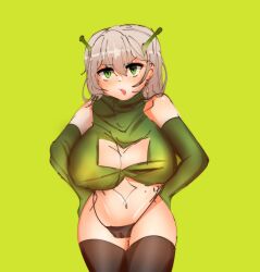 big_breasts black_panties blush green_background green_eyes legs_together memedroid memedroid_chan tsundere white_hair white_skin