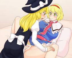 1futa 1girls alice_margatroid arsyle big_penis blonde_hair bottomless breasts clothed clothing duo erection female futa_on_female futanari human light-skinned_female light-skinned_futanari light_skin long_hair marisa_kirisame mostly_clothed on_back partially_clothed penis sex short_hair touhou vaginal_penetration