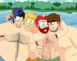 4boys aged_up armpit_hair body_hair chest_hair eric_cartman happyhcartoons kenny_mccormick kyle_broflovski male male_only overweight_male shirtless_male south_park stan_marsh