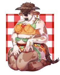 bovid_humanoid bovine bovine_humanoid burger burger_bikini burger_lingerie cow_ears cow_horns furry lingerie meme meme_clothing overweight overweight_female pinup simple_background spotted_fur white_fur