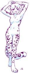 2022 anthro aogami breasts cleft_of_venus felid female fur hair hands_above_head hi_res leopard looking_at_viewer mammal monochrome navel nipples nude pantherine solo spots spotted_body spotted_fur