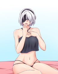 areolae arprojects bed breasts female finger_to_mouth legs light-skinned_female light_skin nier nier:_automata nipples short_hair thighs white_hair yorha_2b