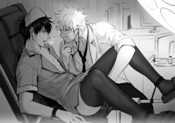 2boys alternate_costume blush breath crossdressing doctor doctors_office feiqiuxuan fingering gay gintama gintoki_sakata gynecological_chair handjob hijikata_toshiro implied_fingering looking_at_another male male_only monochrome mouth_mask nurse nurse_cap nurse_uniform open_clothes restrained stethoscope stirrups sweat thighhighs unprofessional_behavior yaoi