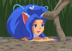 1girls a-020 blue_eyes blue_hair butterfly capcom cat_ears cat_paws cat_tail darkstalkers felicia felicia_(darkstalkers) mud offscreen_character quicksand sinking stuck tagme