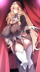absurdres areolae bangs blonde_hair blue_eyes blush braid breasts cleavage corset covered_erect_nipples curtains curvy dutch_angle eyebrows_visible_through_hair female floral_print gigantic_breasts gloves groin habit hair_between_eyes hair_over_shoulder highres hip_vent indoors konoshige_(ryuun) lace lace-trimmed_legwear lace_trim large_areolae large_nipples long_hair looking_at_viewer nipples no_panties nun nun_(konoshige) original pelvic_curtain puffy_areolae puffy_nipples revealing_clothes ryuun_(stiil) see-through shiny shiny_hair shiny_skin shrug_(clothing) sidelocks sister-san_(konoshige) smile solo standing thick_thighs thighhighs thighs very_long_hair wide_hips