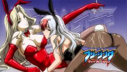 2girls amelia_evans animal_ears ass blonde_hair blue_eyes bow bowtie elbow_gloves elizabeth_mably fake_animal_ears fake_tail female female_only freezing_(series) gloves pantyhose playboy_bunny rabbit_ears rabbit_tail screencap tail unknown_artist white_hair yuri