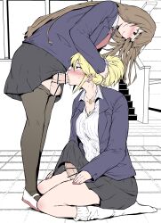 2futas absurdres bar_censor bent_over big_penis black_eyes black_skirt black_suit blazer blonde_hair blowjob brown_hair brown_legwear censored clothed clothes_pull clothing commentary_request duo erection erection_under_clothes fellatio full_body futa_on_futa futa_only futa_with_futa futanari hallway heart highres irrumatio jewelry kneeling long_hair long_sleeves makin_tama mostly_clothed necklace oral original pantyhose pantyhose_pull penis school school_uniform schoolgirl shirt short_hair sitting skirt spoken_heart standing suit tenting testicles wariza white_shirt