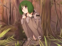 4:3_aspect_ratio blush censored clothing convenient_censoring female frown green_hair macross macross_frontier niwatori_kokezou peeing pilot_suit piss ranka_lee red_eyes short_hair solo squatting tree urinating urine