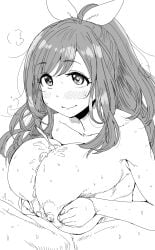 1boy 1girls absurdres alternate_breast_size bangs blush breast_hold breast_squeeze breasts cum cum_between_breasts cum_on_body cum_on_breasts ejaculation ejaculation_between_breasts engulfing_paizuri eyebrows_visible_through_hair female greyscale hair_ribbon highres huge_breasts idolmaster idolmaster_shiny_colors kaiman_garupan large_breasts long_hair looking_at_partner monochrome nipples paizuri paizuri_lead_by_female paizuri_on_lap ponytail ribbon simple_background smile solo_focus steaming_body straight sweat swept_bangs topless trembling tsukioka_kogane upper_body white_background