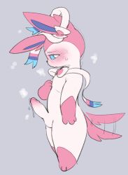 anthro balls blue_eyes blush bodily_fluids eeveelution erection foreskin genital_fluids genitals gloves_(marking) hand_on_chest hi_res leg_markings male male_only male_sylveon markings multicolored_body nintendo nude partially_retracted_foreskin penis pokémon_(species) pokemon pokemon_(species) precum pururing socks_(marking) solo solo_male sweat sylveon tail_motion tailwag two_tone_body video_games