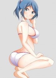 big_boobs big_breast big_breasts bikini blue_eyes blue_hair blush blushing gundam gundam_build_fighters iori_rinko large_breast large_breasts milf pony_tail ponytail smile smiling swimsuit swimwear white_bikini white_swimsuit white_swimwear