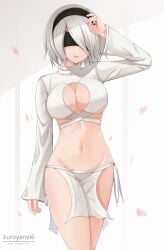 black_hairband breasts female hairband kuroyamii6 light-skinned_female light_skin nier nier:_automata short_hair thighs white_hair yorha_2b