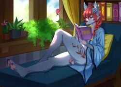 anthro balls book calm canid canine canis clothed clothing fur furniture furry furry_only genitals hi_res holding_object male male_only mammal michikochan pillow pinup pose reading reading_book solo text wolf