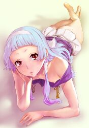 ass bangs barefoot blue_hair blunt_bangs breast_slip down_blouse feet female hairband high_resolution kannagi long_hair lying nagi nekoi_mie nipple_slip nipples no_bra pettanko red_eyes small_breasts solo