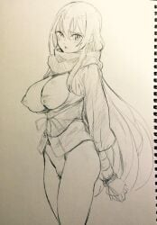 areolae blush bottomless breasts breasts_out_of_clothes dragon_yukano female large_breasts long_hair looking_at_viewer monochrome nekoi_mie ninja_slayer nipples open_mouth pencil_(artwork) pubic_hair puffy_areolae restrained scarf sketch solo standing tears traditional_media traditional_media_(artwork) very_long_hair