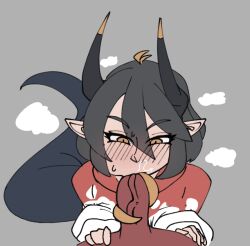 black_hair blush dragon dragon_girl fellatio female hoodie horns long_tail long_tongue original original_character penis pointy_ears red_skin rita_(sunlightnova) sunlightnova tail tongue tongue_out yellow_eyes yellow_tongue