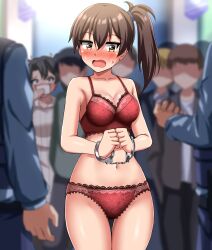 1girls absurdres bra breasts brown_eyes brown_hair cowboy_shot crowd embarrassed female female_focus handcuffs highres indoors kaga_(kantai_collection) kantai_collection long_hair male medium_breasts multiple_boys open_mouth panties picot_trim picot_trim_bra picot_trim_panties red_bra red_panties road short_sidetail side_ponytail solo_focus street sweatdrop underwear zanntetu zuikaku_(kantai_collection)