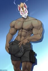 1boy 2022 abs big_bulge big_muscles blue_background bulge bulge_to_side drift_(fortnite) epic_games flaccid fortnite fox_mask holding_bulge huge_bulge looking_at_viewer male male_only mask masked_male muscles muscular muscular_male navel nipples pecs penis_outline pink_eyes simple_background solo topless video_games vikifox_(artist)