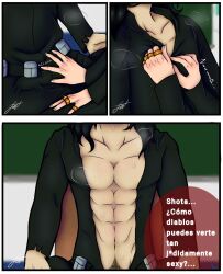 1boy artist_signature black_clothing black_hair classroom dialogue exposed_pecs female_pov head_out_of_frame jathorki male male_focus mature_male muscular_male my_hero_academia open_clothes original_character pectorals pubic_hair shouta_aizawa spanish_text speech_bubble