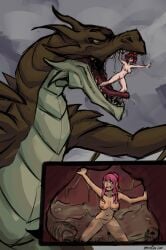 2girls digestion dragon eaten_alive glasses imminent_death imsofckinlost large_breasts medium_breasts multiple_girls naked nude nude_female original pink_hair red_hair skeleton stomach swallowing vore x-ray