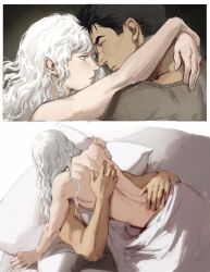 2boys androgynous bed berserk bishonen black_hair clmbo femboy feminine_male griffith guts_(berserk) long_hair long_hair_male male male_only muscular_male silver_hair small_dom_big_sub smaller_male twink yaoi