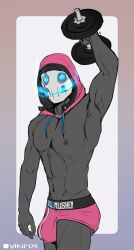 1boy 2022 belly_button blue_eyes blue_sclera bone bonehead bulge english_text epic_games exercise flaccid fortnite grey_body grey_nipples grey_skin holding_object hood humanoid male male_only navel nipples pecs pink_hood pink_underwear raised_arm simple_background skeleton skull skull_head solo standing text topless underwear video_games vikifox_(artist) weightlifting weights workout