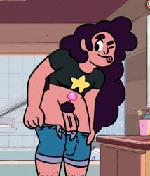 1futa big_penis bulge cartoon_network clothing dwonksa futanari hairy hairy_legs long_hair partially_clothed penis pubic_hair solo steven_universe stevonnie