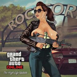 brown_hair car cleavage earrings edit edited expressionless female_only femdom grand_theft_auto grand_theft_auto_online gta_online_female_character gun holding_gun huge_breasts jeans karika3323 leather_jacket machine_gun open_mouth red_lipstick short_hair solo sports_car sunglasses text tinted_eyewear