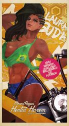 absurdres asymmetrical_hair black_hair brazilian brazilian_female brazilian_flag breasts brown_eyes cleavage commentary_request cornrows cutoffs dark-skinned_female dark_skin denim denim_shorts eyeshadow female ground_vehicle hair_flip highres large_breasts laura_matsuda lips long_hair makeup monorirogue motor_vehicle motorcycle no_bra official_alternate_costume photoshop_(medium) short_shorts shorts sideboob solo street_fighter street_fighter_v thick_eyebrows wavy_hair