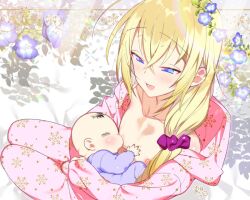 1boy baby blonde_hair blue_eyes breast_sucking breastfeeding bulge femboy happy mother_and_child nipple_suck pajamas pink_pajamas trap wholesome