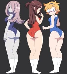 3girls abysswatchers akko_kagari alternate_version_available ass big_ass big_breasts black_nail_polish black_nails blonde_hair blue_eyes blue_swimsuit breasts brown_eyes brown_hair eyewear female female_only footwear full_body glasses hair hair_over_one_eye hand_on_hip hips huge_ass legs little_witch_academia long_hair looking_back lotte_yansson nail_polish nails one-piece_swimsuit pink_hair red_eyes red_swimsuit short_hair sideboob smile socks sucy_manbavaran swimsuit swimwear thighs white_socks