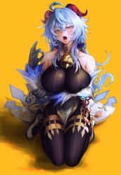 ahoge alternate_breast_size arm_under_breasts bare_shoulders big_breasts blue_hair bodystocking clothed clothing fangs fellatio_gesture ganyu_(genshin_impact) genshin_impact horn horny horny_female large_breasts long_hair looking_at_viewer nompang on_knees sexually_suggestive shoes squished_breasts thick_thighs tight_clothing tongue tongue_out