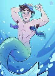 1boy blue_eyes brown_hair devon_(turning_red) disney earrings fish fish_boy hairy_armpits male_only mermaid merman muscles muscular nipples pepperblu pixar sea sea_monster sucking_nipples teenager turning_red underwater