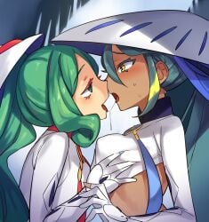 2girls after_kiss ao_dai bad_id bad_pixiv_id bangs black_hair blue_hair blush breast_grab breasts crop_top dark-skinned_female dark_skin eye_contact eyebrows_visible_through_hair fate/grand_order fate_(series) female female_only grabbing green_eyebrows green_eyes green_hair green_hair_female hair_between_eyes incest kissing long_hair looking_at_another medium_breasts midriff multicolored_hair multiple_females multiple_girls open_mouth pokupoku_(yamanashi_yuuya) saliva saliva_trail shirt siblings sidelocks single_sleeve sisters streaked_hair sweat swept_bangs tassel tongue tongue_out trung_nhi_(fate) trung_sisters trung_trac_(fate) wavy_hair white_headwear white_shirt yellow_eyes yuri