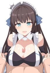 1boy 1girls azur_lane bangs blue_eyes blush breasts brown_hair censored cum cum_on_body cum_on_breasts eyebrows_visible_through_hair female highres interlocked_fingers large_breasts light-skinned_female light-skinned_male light_skin long_hair looking_at_viewer mosaic_censoring newcastle_(azur_lane) open_mouth paizuri penis royal_navy_(azur_lane) simple_background smile solo_focus toyo_(c8) white_background white_headwear