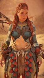 1girls 3d accurate_art_style aloy areolae bodypaint breasts canon clipping female female_only glitch horizon_forbidden_west horizon_zero_dawn medium_breasts midriff nipples official_art official_style orange_hair outdoors outside playstation red_hair solo sony_interactive_entertainment topless_female video_games