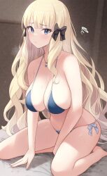 big_breasts bikini blonde_hair blue_eyes blush bow female_only hair_ornament hair_ribbon kneeling long_hair necklace princess_connect!_re:dive saren_(princess_connect!) sixteenpo solo_female