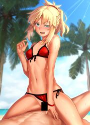 1boy bangs bar_censor bare_shoulders beach bikini blonde_hair blue_sky braid breasts censored collarbone cowgirl_position fate/grand_order fate_(series) female french_braid green_eyes highres long_hair looking_at_viewer mordred_(fate) mordred_(swimsuit_rider) open_mouth orochi_itto palm_tree parted_bangs ponytail red_bikini sex sidelocks sky small_breasts smile spread_legs straddling straight swimsuit thighs tree vaginal_penetration