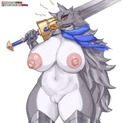 anthro armor big_breasts blaidd_(elden_ring) blush boots canid canine canis cloak clothing curvy_figure elden_ring female footwear fromsoftware genitals girlsay greatsword hi_res huge_breasts large_breasts mammal mostly_nude mtf_crossgender nipples pink_nipples pussy rule_63 slightly_chubby solo thick_thighs venus_body video_games voluptuous white_background wide_hips wolf