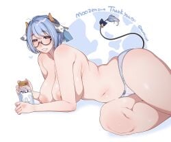 absurdres animal_ears areolae arm_support blue_hair blush bob_cut breasts commission cow_ears cow_girl cow_tail ear_tag english_text eyebrows_visible_through_hair feet_out_of_frame female female glasses heart highres horns large_breasts looking_at_viewer lying muroku_(aimichiyo0526) nipples no_nose on_side open_mouth original panties puffy_nipples semi-rimless_eyewear shadow shirt short_sleeves skeb_commission solo striped striped_panties tail tareme thick_thighs thighs under-rim_eyewear underwear underwear_only