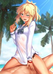 1boy bangs beach blonde_hair blue_sky braid breasts cowgirl_position fate/grand_order fate_(series) female french_braid green_eyes highres long_hair long_sleeves looking_at_viewer mordred_(fate) mordred_(swimsuit_rider) open_mouth orochi_itto palm_tree parted_bangs ponytail sailor_collar sex shirt sidelocks sky small_breasts smile spread_legs straddling straight thighs tree vaginal_penetration white_shirt