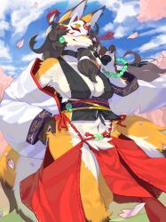 1girls anthro black_hair canid canine clothed clothing countershading female female_only fox fox_ears fox_tail fur furry hair hand_on_hip hi_res japanese_clothes kame_3 kemono long_hair looking_at_viewer mammal mask masked_fox_(kame_3) pawpads smile solo solo_female tail yellow_fur