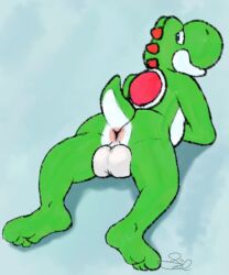 anthro anus ass balls feet genitals green_yoshi looking_at_viewer looking_back lowres lying male male_focus male_only male_solo mario_(series) nintendo on_front presenting presenting_anus presenting_hindquarters reptile salamandr scalie solo solo_male video_games yoshi yoshi_(character)