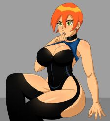 1girls ben_10 big_breasts breasts cartoon_network clothed clothed_female clothes clothing donchibi female female_focus female_only fully_clothed future_gwen green_eyes gwen_tennyson orange_hair redhead revealing_clothes short_hair sitting solo thick_thighs thunder_thighs wide_hips