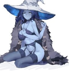 1girls 2022 2d 4_arms big_hat blue-skinned_female blue_bra blue_choker blue_garter_belt blue_garter_straps blue_hair blue_lingerie blue_skin blue_stockings blue_string_panties bra breasts choker cleavage cracked_skin cyan_eyes doll_joints elden_ring feet female female_only fromsoftware fur_cape garter_belt garter_straps kneeling lingerie long_blue_hair long_hair multi_arm multi_limb one_eye_closed ranni_the_witch slow_fish solo stockings string_panties tattoo_under_eye underwear witch_hat