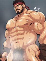 1boy 41raco abs alternate_facial_hair bara beard black_hair capcom censored completely_nude facial_hair feet_out_of_frame flaccid headband highres kirupi large_pectorals looking_at_viewer male male_focus male_only male_pubic_hair mature_male mosaic_censoring moustache muscular muscular_male nipples nude out-of-frame_censoring pectorals penis penis_peek pubic_hair red_headband ryu_(street_fighter) short_hair solo steaming_body stomach street_fighter street_fighter_6 sweat thick_eyebrows thick_thighs thighs veins veiny_penis yaoi