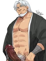 1boy 41raco abs bara bare_pectorals beard black_kimono bottomless character_request copyright_request erection facial_hair highres japanese_clothes kimono kirupi large_pectorals looking_at_viewer male_focus male_pubic_hair mature_male muscular muscular_male naked_kimono nipple_slip nipples old old_man pectorals penis pubic_hair seductive_smile short_hair sideburns smile solo solo_male stomach uncensored veins veiny_penis wrinkled_skin