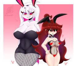 2girls artist_signature background breasts bruuno bruunoscp bunny_ears bunny_girl bunnysuit female_only fnf_entity friday_night_funkin girlfriend_(friday_night_funkin) heart long_hair multiple_girls nikusa_(sugarratio) pantyhose pointless_censoring size_difference stockings tagme transparent_bunnysuit